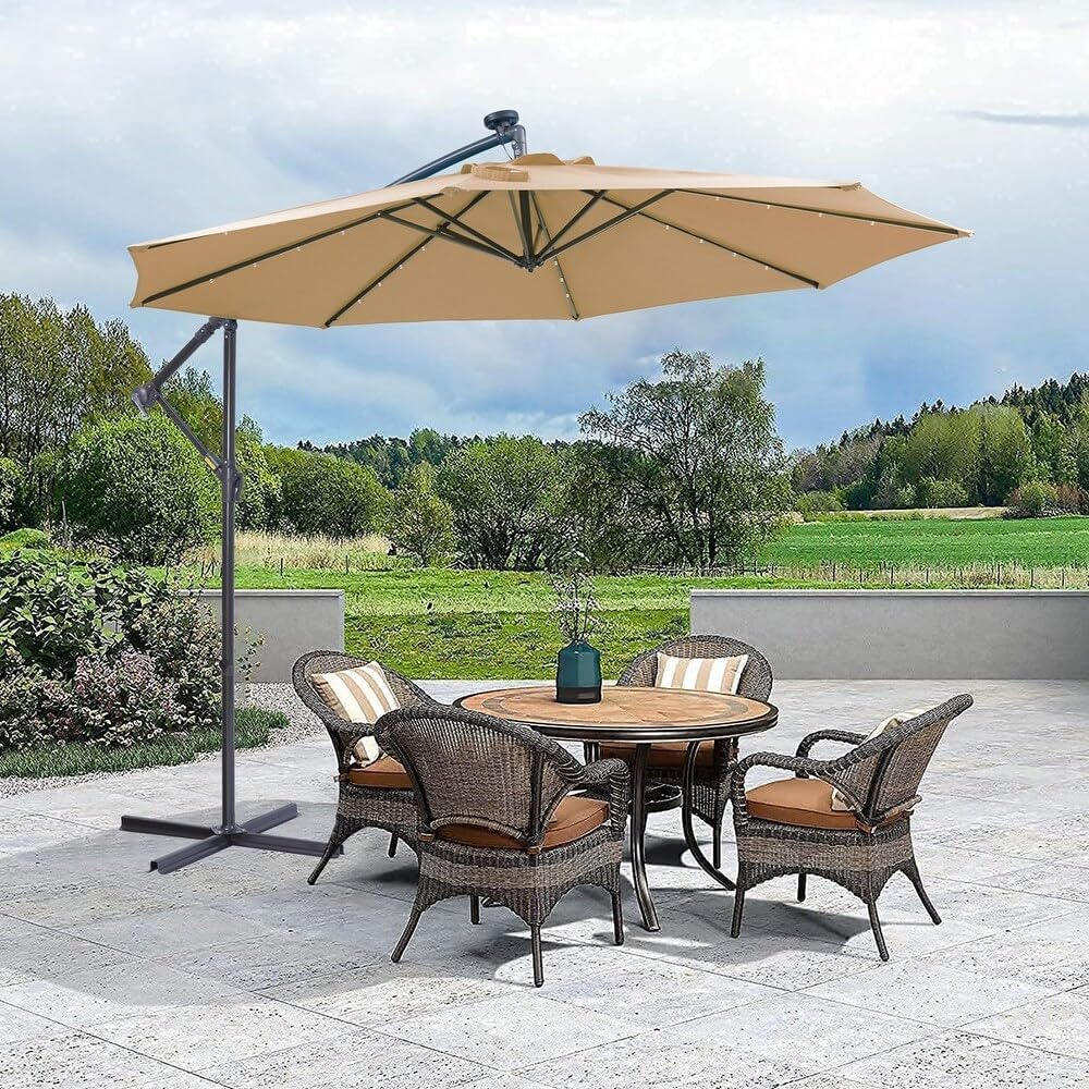 SKY-TOUCH 3M Patio Umbrella: 8 Ribs Offset Hanging Sun Shade Umbrella with Adjustable Height and Tilt Angle Fade Resistant Recycled Fabric Canopy for Yard Garden (Only Cross Base, Beige)