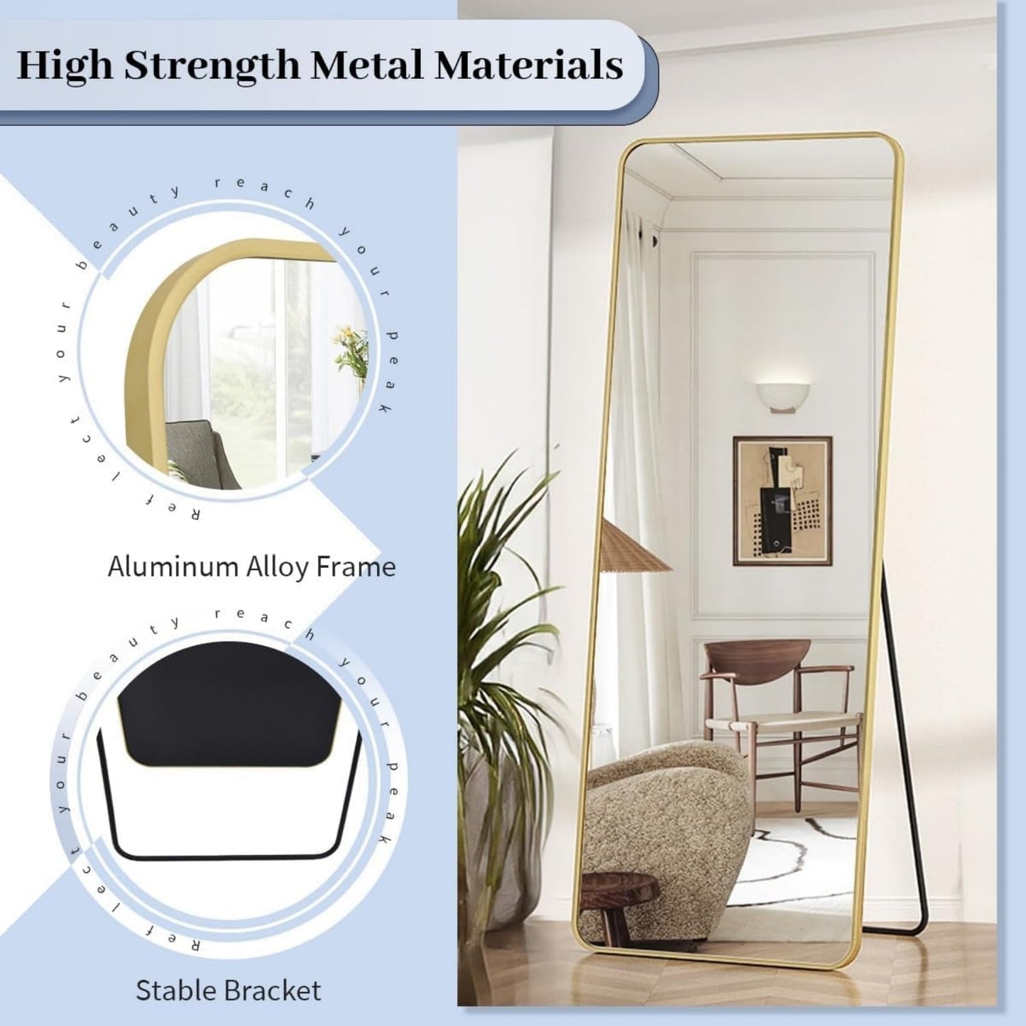 SKY-TOUCH Full Length Mirror 155x45cm, Floor Mirrors with Aluminum Alloy Frame Free-Standing Leaning Large Bedroom Dressing Mirror, Full Body Mirror with Stand for Living Room,Bedroom, Gold