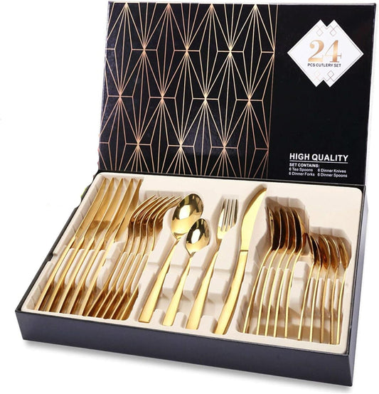 SKY-TOUCH Stainless Steel Cutlery Set 24-Piece Set of Golden Tableware Western-Style Kitchen Tableware Including Spoon, Fork, Knife, Tea Spoon (Golden)