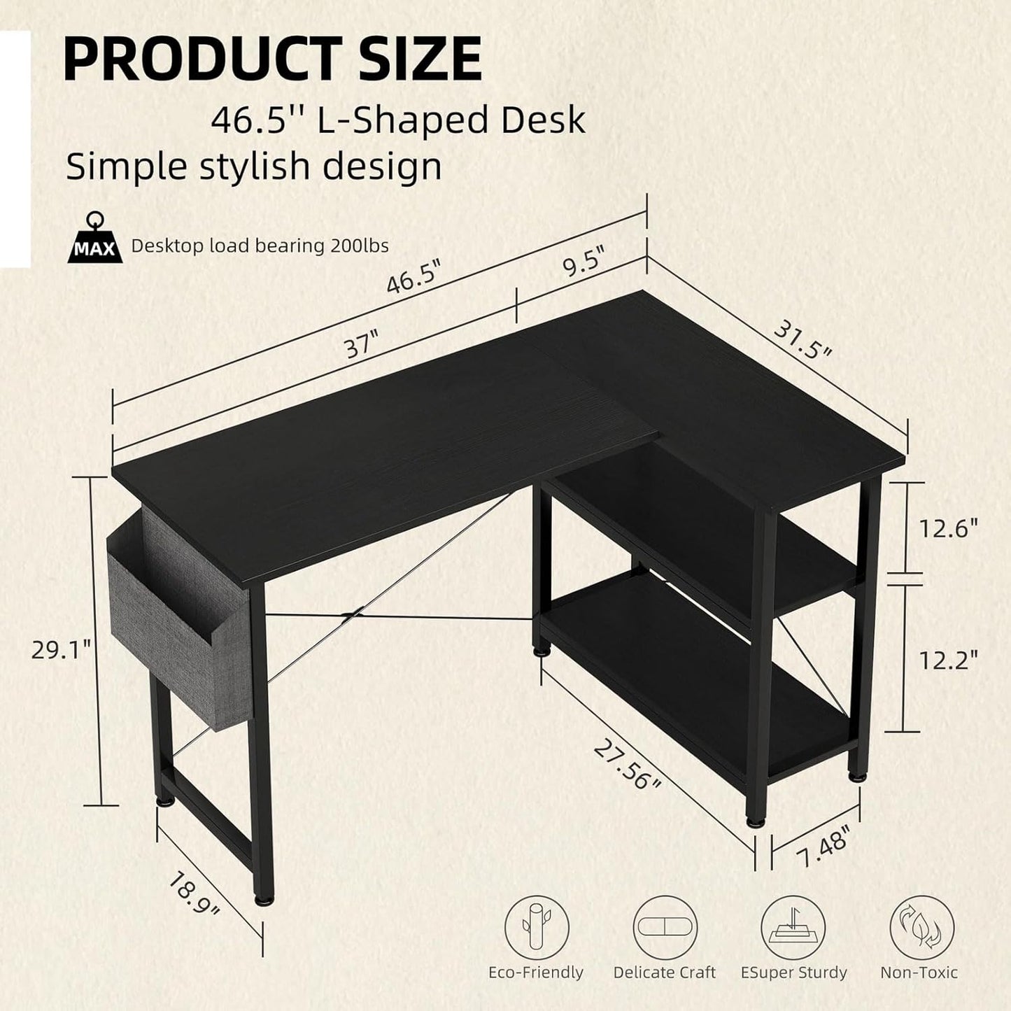 SKY-TOUCH 46.5 inch L-Shaped Computer Gaming Desk,Computer Corner Desk with Storage Shelves and Storage Bag,Study Writing Table,Carbon Fiber Surface,for Home Computer Workstation Save Space,Black