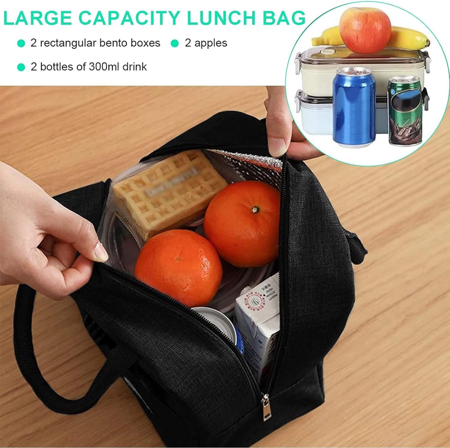 Lunch Box Bag : Reusable Insulated Lunch Tote Bag Leakproof Thermal Cooler Sack Food Handbags Case for Work Office School Picnic Travel Black