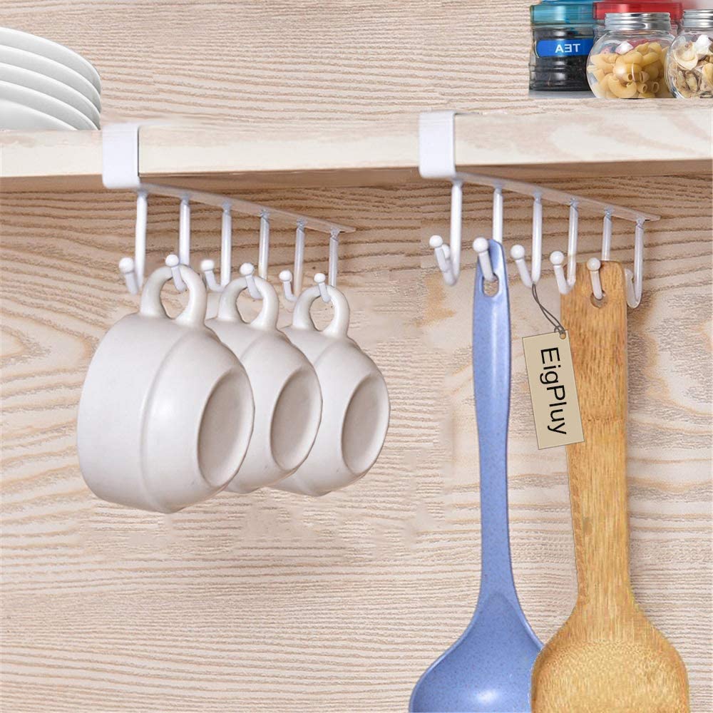 Cup Holder Under Cabinet £¬Multifunction Kitchen Drilling Free Coffee Cups Holder Hanger for Cups/Kitchen Utensils/Ties Belts/Scarf/Keys Storage Rack Cupboard Shelf Hanging Hook£¬White