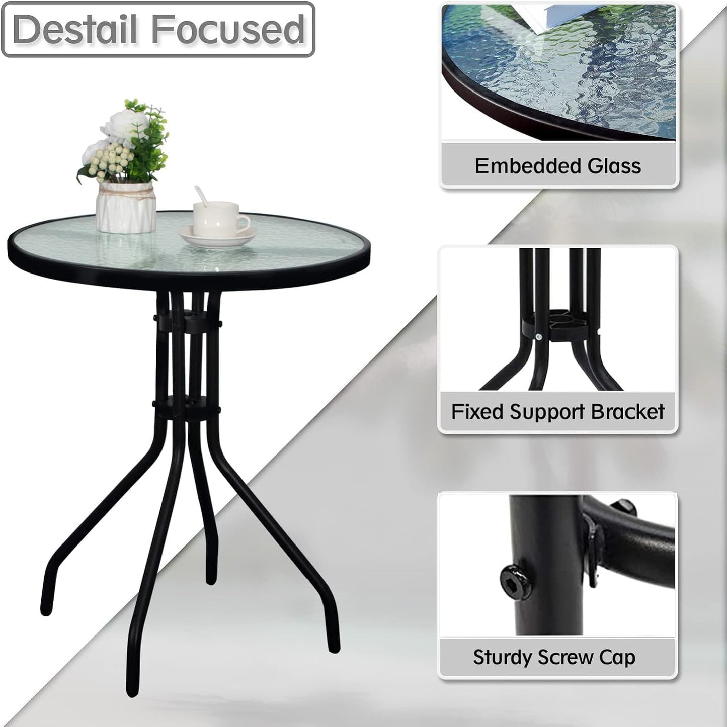 SKY-TOUCH Round Glass Table : Outdoor Patio Table with Waterwave Tempered Glass Outdoor Coffee Table with Metal Frame for Home Patio Backyard Yard Balcony Lawn (60 * 70cm Black)