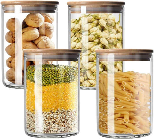 SKY-TOUCH 3 / 4 PACK Airtight Glass Jars with Bamboo Lids, Storage Jars with Labels, Airtight Food Containers, Clear Glass Bulk Food Canister for Food, Coffee, Spice, Sugar, Herb, Cookie, Tea
