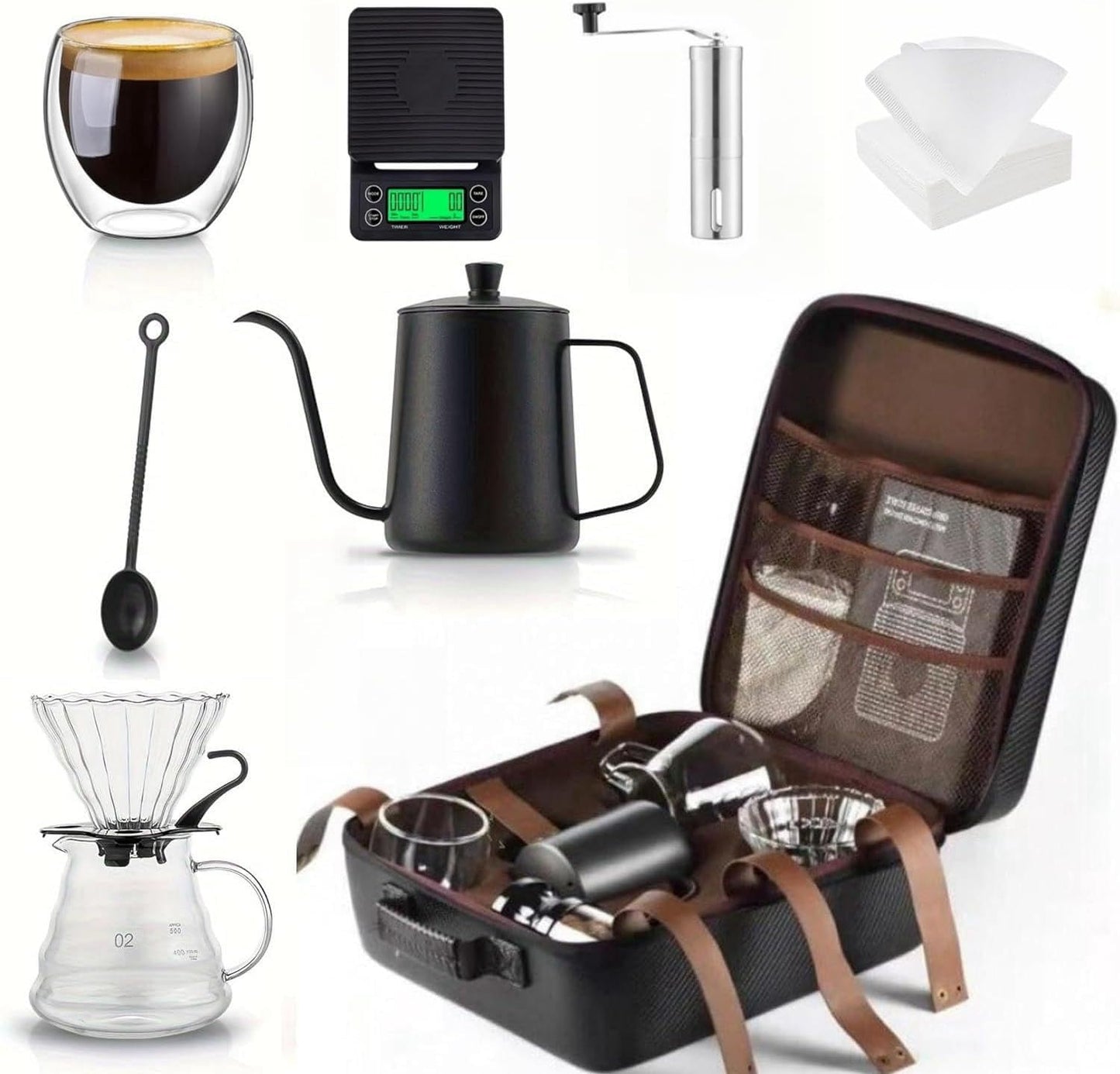 SKY-TOUCH V60 Drip Coffee Maker Set, 9 Pieces Pour Over Coffee Maker Set with coffee grinder, coffee scale, coffee kettle, coffee filter, Coffee Tool Set for Home,Travel,Camping Excellent Coffee Gift