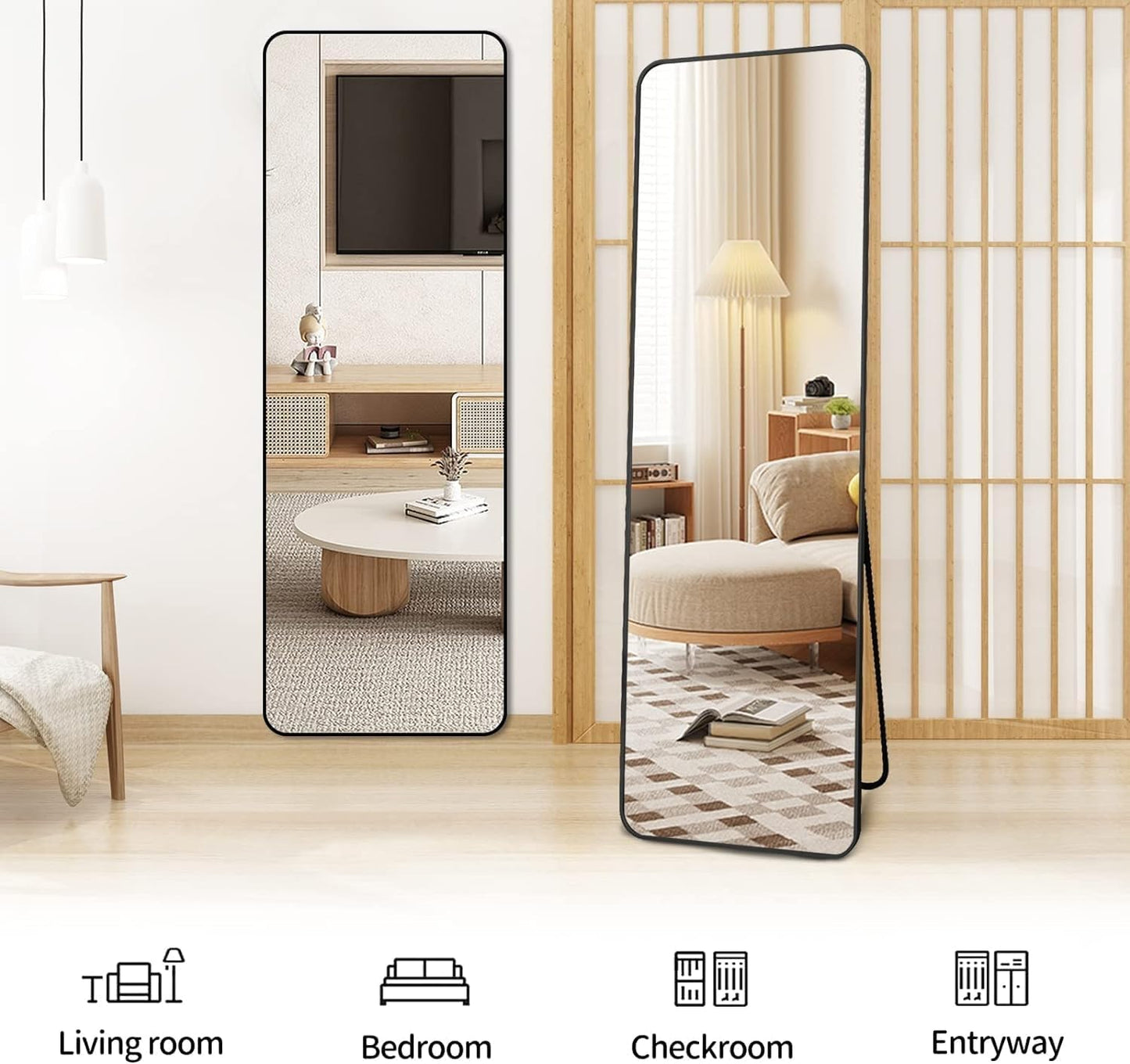 SKY-TOUCH Full Length Mirror 155x45cm, Floor Mirrors with Aluminum Alloy Frame Free-Standing Leaning Large Bedroom Dressing Mirror, Full Body Mirror with Stand for Living Room,Bedroom,Black