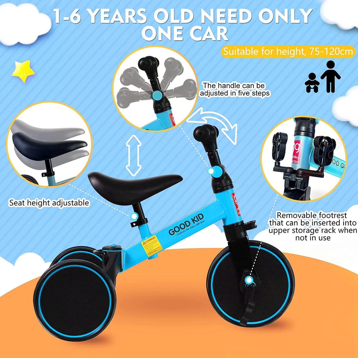 SKY-TOUCH 4 in 1 Kids Balance Bike Kids Tricycles for 1-4 Years, Toddlers Trike with Adjustable Seat Indoor Outdoor, Boys Girls Kids First Birthday Gifts Blue