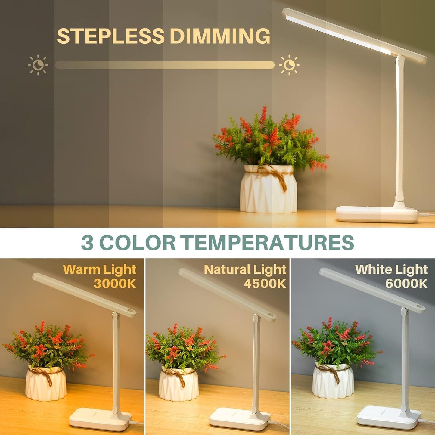 SKY-TOUCH LED Desk Lamp - Reading Lamp with Touch Control, Work from Home Essentials, Foldable Table Lamp with USB Plug 3 mode lighting, Eye Caring Reading Light for Office, Dormitory (White)