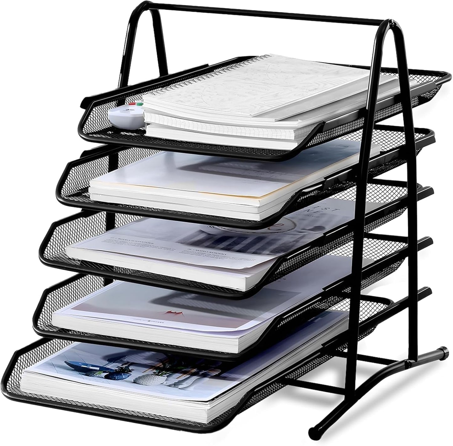 Roll over image to zoom in SKY-TOUCH 5 Tier Paper Tray : Desktop Organizer File Storage with Sliding Tray Stackable File Rack Metal Mesh Letter Trays for Office Study Room School Desktop