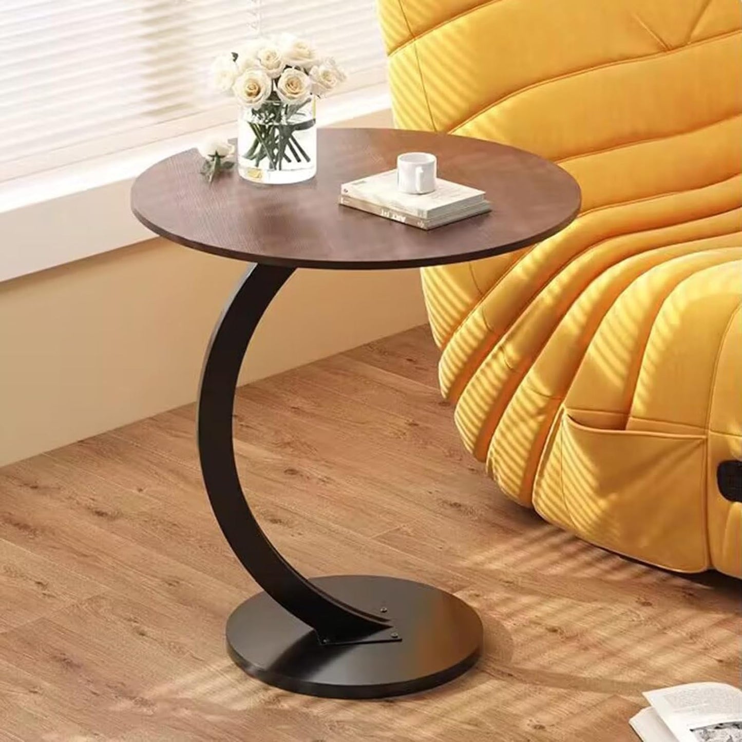 SKY-TOUCH C Shaped End Table : Couch Side Table with Metal Frame Round Wood Tray Table for Living Room Bedroom Bedside Laptop Snack Coffee Walnut&Black