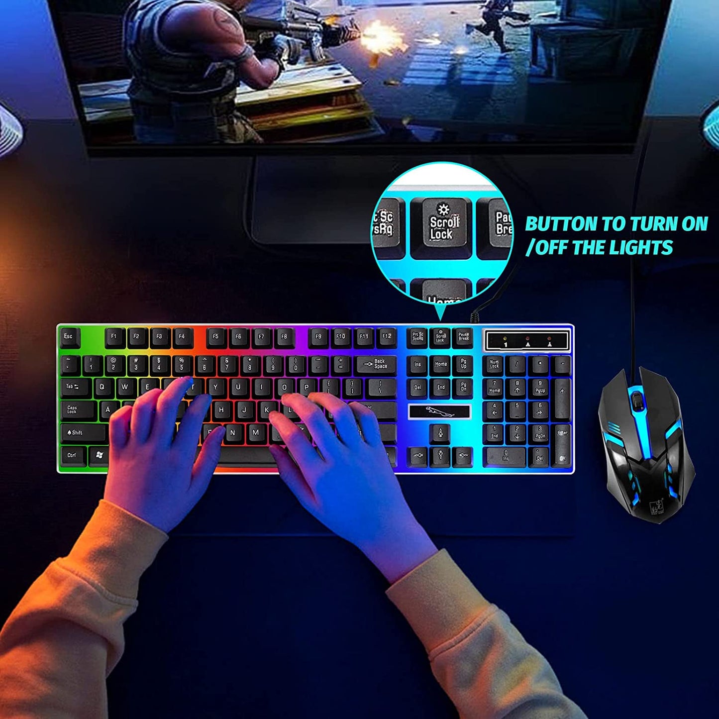 SKY-TOUCH G21 Keyboard Wired USB Gaming Mouse Flexible Polychromatic LED Lights Computer Mechanical Feel Backlit Keyboard Mouse Set (Black)