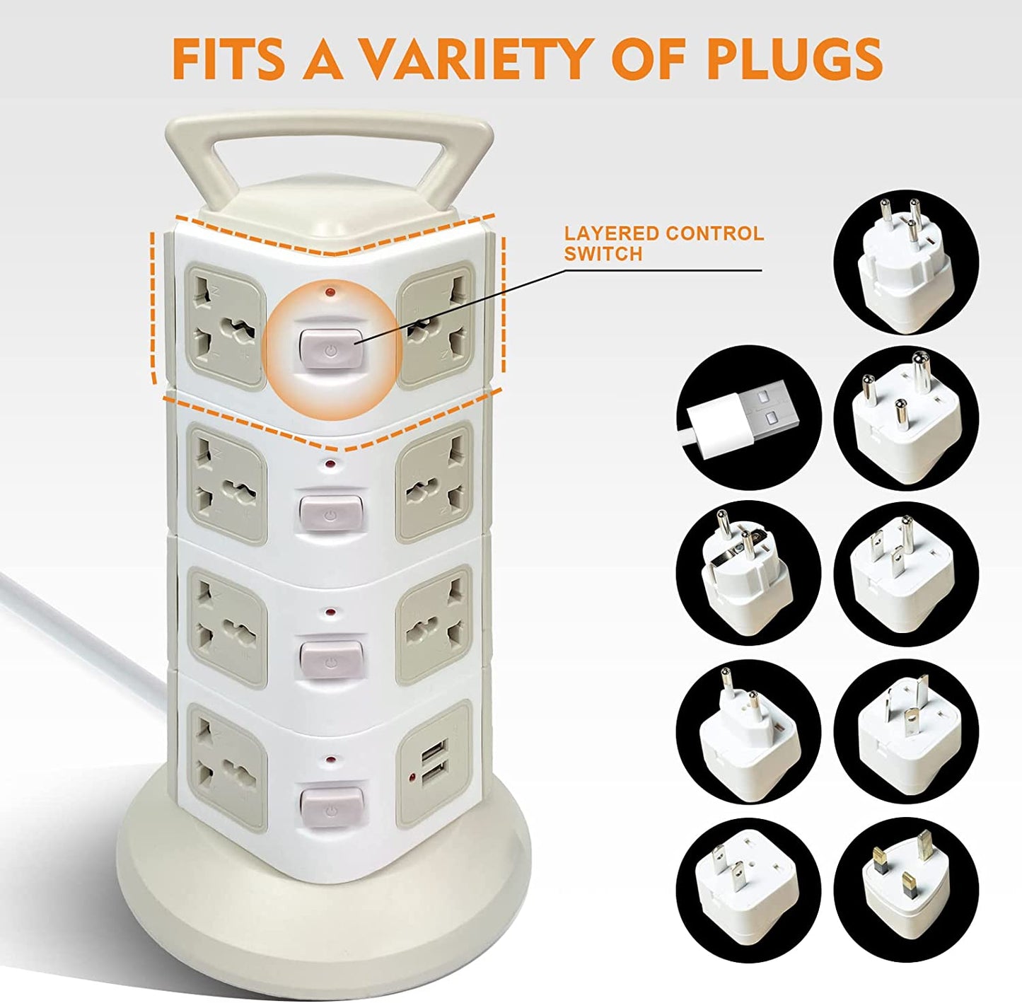 SKY-TOUCH Vertical Tower Power Strip Universal with 14 Charging Multi Plugs 4 USB Ports, Electric Charging Station Surge Protector