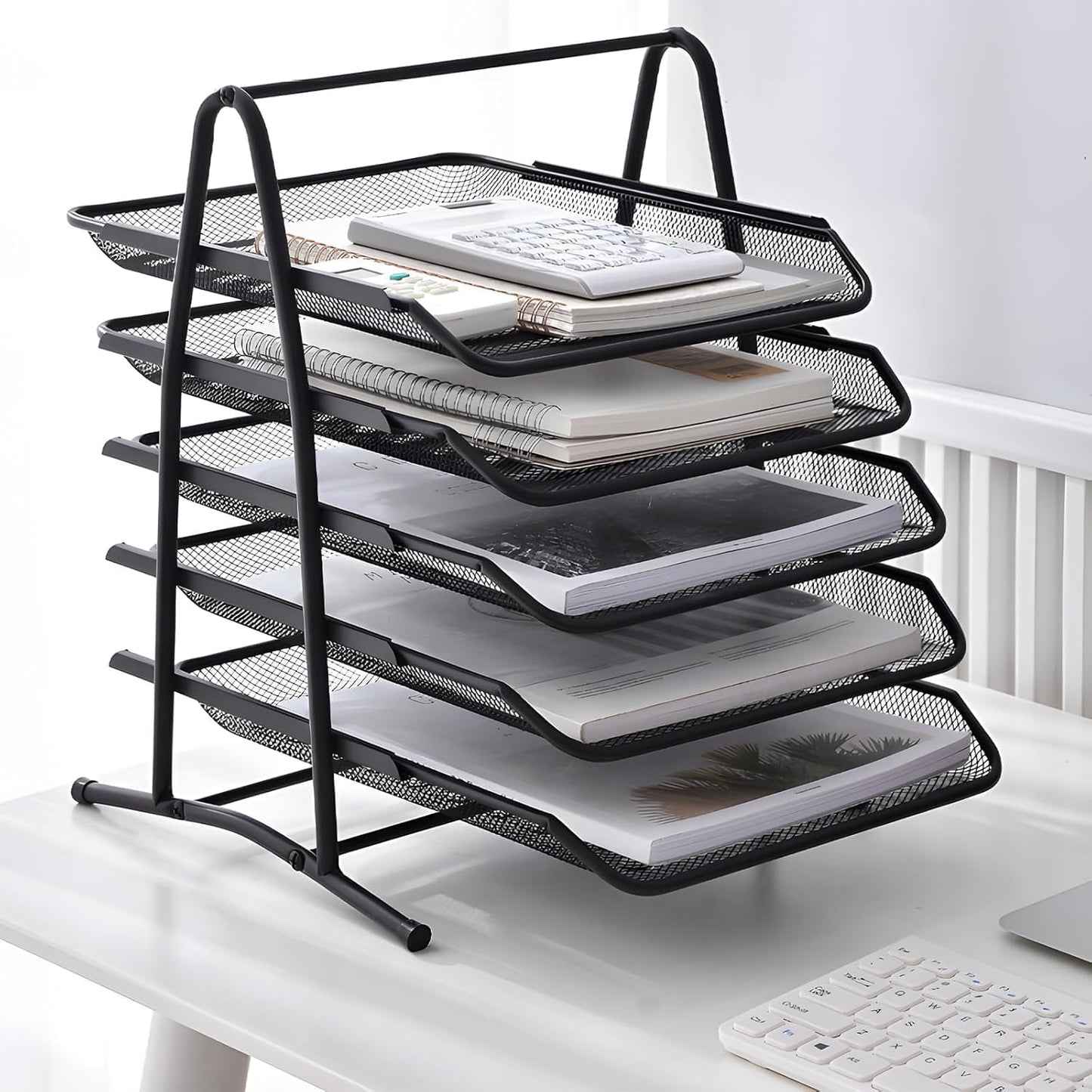 Roll over image to zoom in SKY-TOUCH 5 Tier Paper Tray : Desktop Organizer File Storage with Sliding Tray Stackable File Rack Metal Mesh Letter Trays for Office Study Room School Desktop