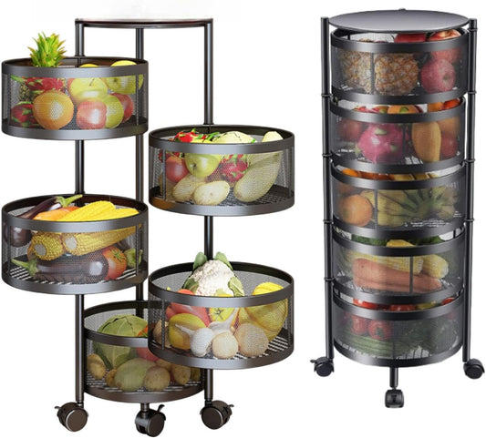 SKY-TOUCH 5 Tier Kitchen Storage Shelf, Rotatable Fruit Vegetable Basket, Circular Rotating Basket Large Storage Rack with 4 Movable Wheels