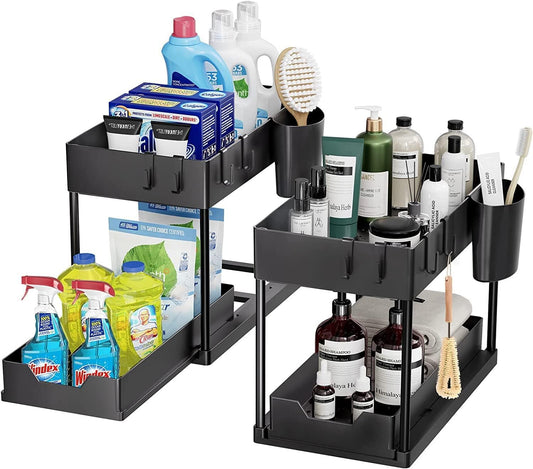 SKY-TOUCH 1pcs Storage Racks Pull-Type Double-Layer Kitchen Storage Rack,Under Sink Organizer,Double Sliding Under Bathroom Cabinet Organization, Kitchen Storage with Hooks,15.6 * 8.6 * 13.2cm,Black