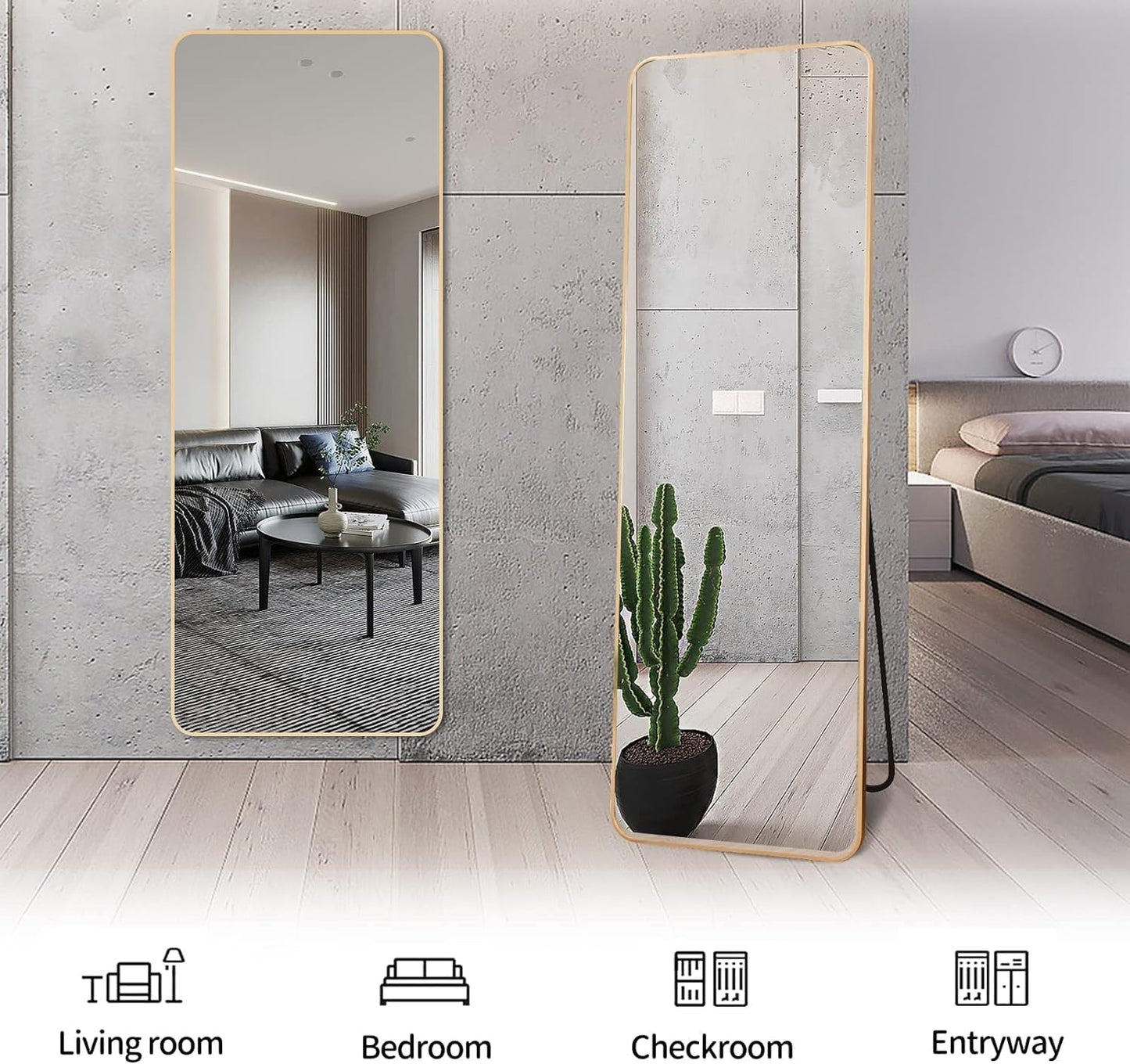 SKY-TOUCH Full Length Mirror 155x45cm, Floor Mirrors with Aluminum Alloy Frame Free-Standing Leaning Large Bedroom Dressing Mirror, Full Body Mirror with Stand for Living Room,Bedroom, Gold