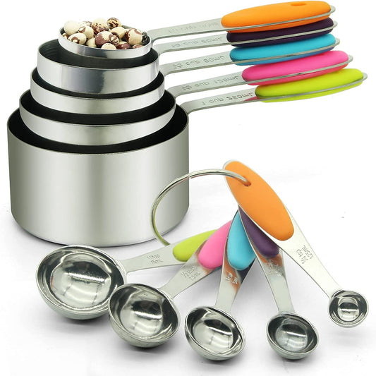 SKY-TOUCH 10 Piece Measuring Cups and Measuring Spoons Set with Detachable Ring ¨C Stainless Steel Stackable 5 Cups 5 Spoons with Silicone Grip Handle to Measure Dry Liquid Food for Cooking or Baking