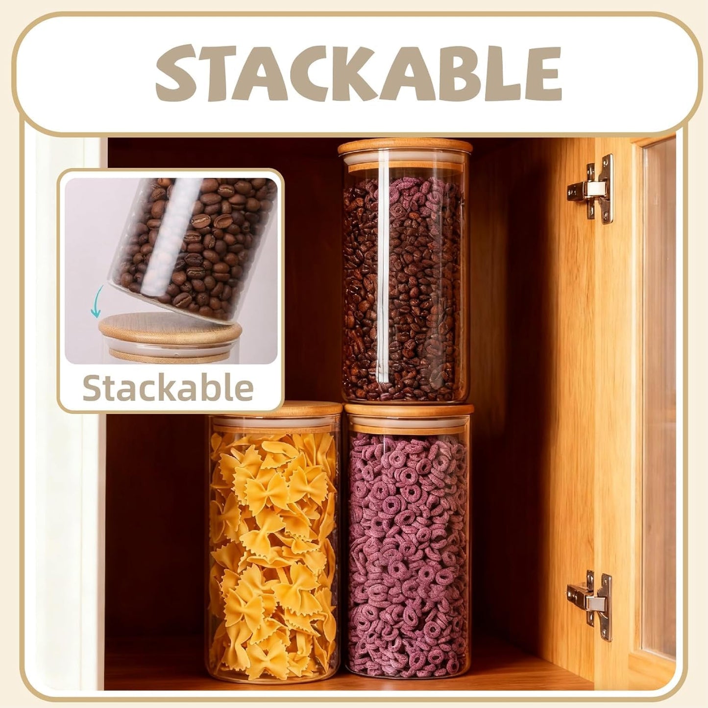 SKY-TOUCH 3 / 4 PACK Airtight Glass Jars with Bamboo Lids, Storage Jars with Labels, Airtight Food Containers, Clear Glass Bulk Food Canister for Food, Coffee, Spice, Sugar, Herb, Cookie, Tea