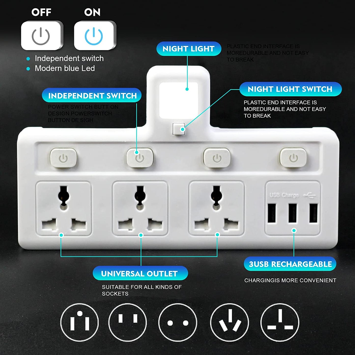 SKY-TOUCH Multi Plug Extension Socket with 3 USB, Electrical Power Extender Outlet Adaptor for Home, Office, Kitchen