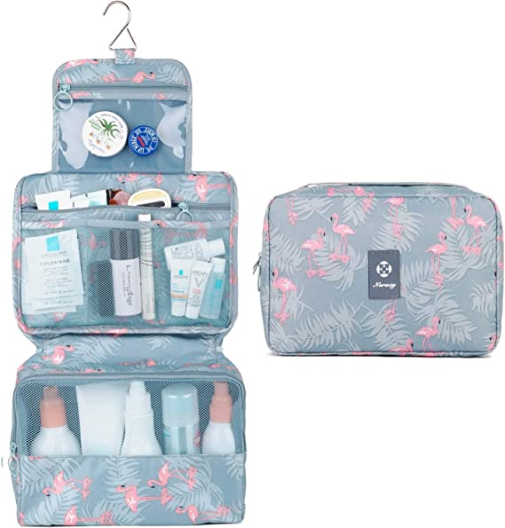 Travel Hanging Toiletry Wash Bag Waterproof Cosmetic Case Makeup Organiser Organizer Toiletry Storage Box with Adjustable Compartments for for Women Girls Kids (Flamingo)