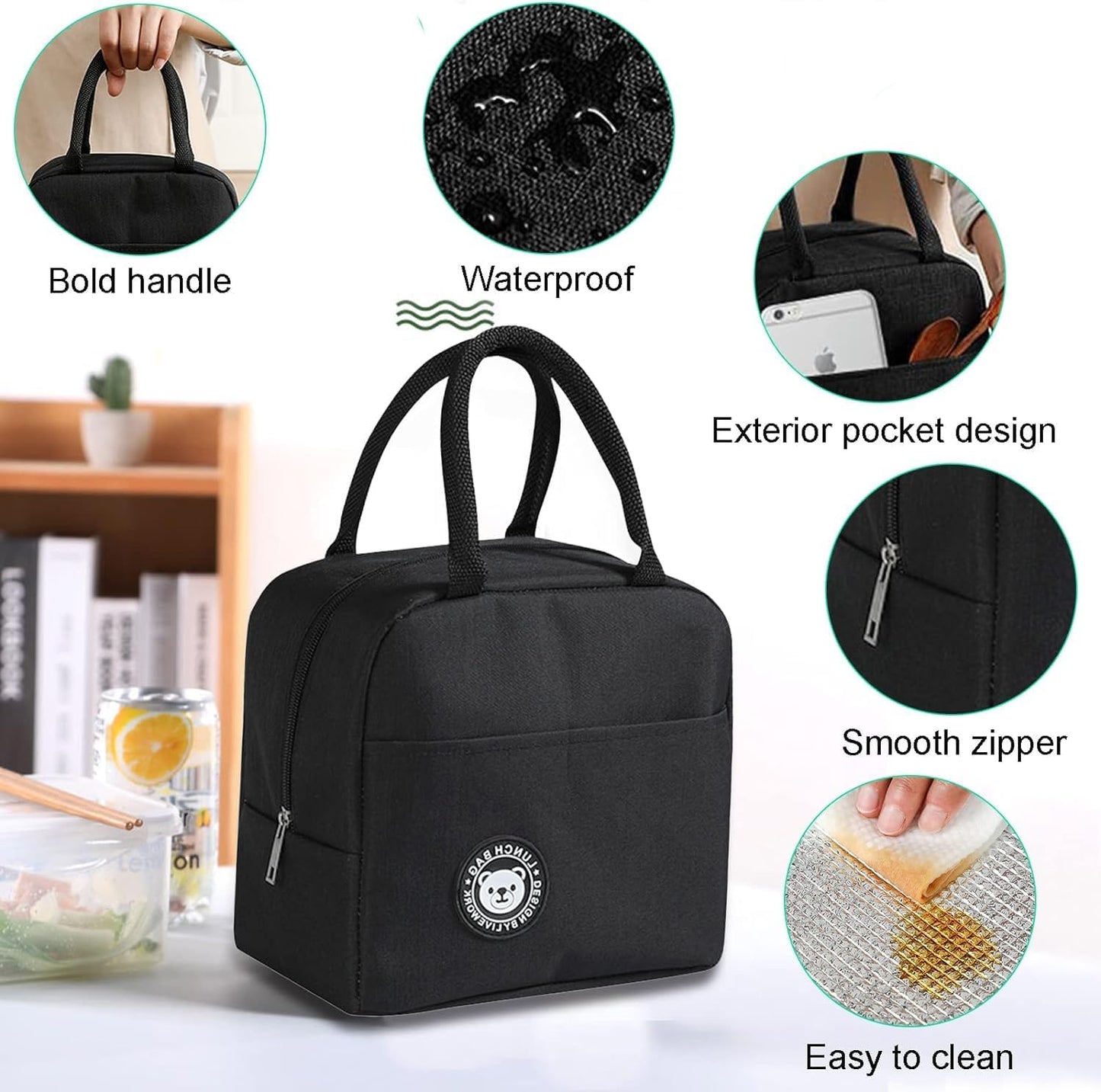 Lunch Box Bag : Reusable Insulated Lunch Tote Bag Leakproof Thermal Cooler Sack Food Handbags Case for Work Office School Picnic Travel Black