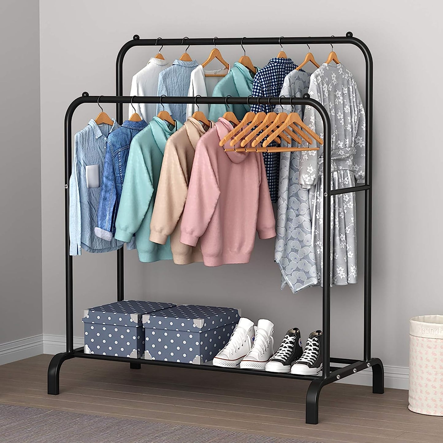 SKY-TOUCH Multipurpose Clothing Garment Rack with Bottom Shelves,Metal Clothes Stand Rack with Rod and Lower Storage Shelf, Heavy Duty Coat Rack and Shoe Bench Storage Stand for Indoor Bedroom