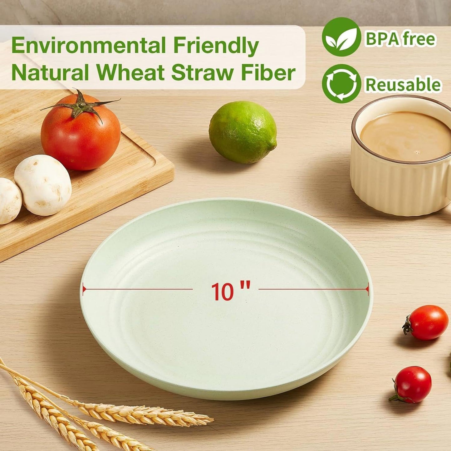 SKY-TOUCH Unbreakable Dinner Plates Set of 4, Reusable Wheat Straw Plates 10 Inches, Lightweight Unbreakable Dinner Dishes Plates, Dishwasher & Microwave Safe