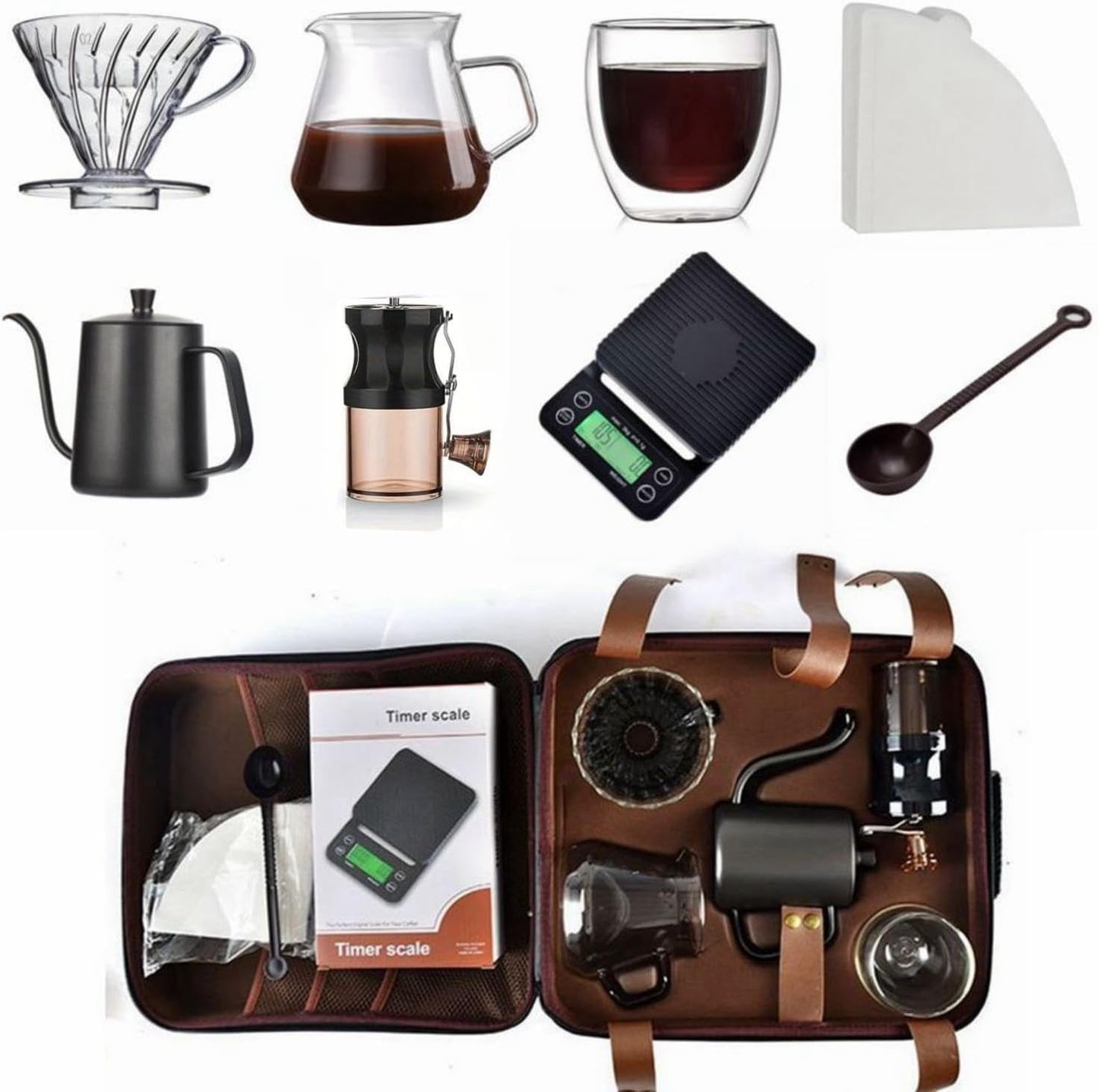 SKY-TOUCH V60 Drip Coffee Maker Set, 9 Pieces Pour Over Coffee Maker Set with coffee grinder, coffee scale, coffee kettle, coffee filter, Coffee Tool Set for Home,Travel,Camping Excellent Coffee Gift