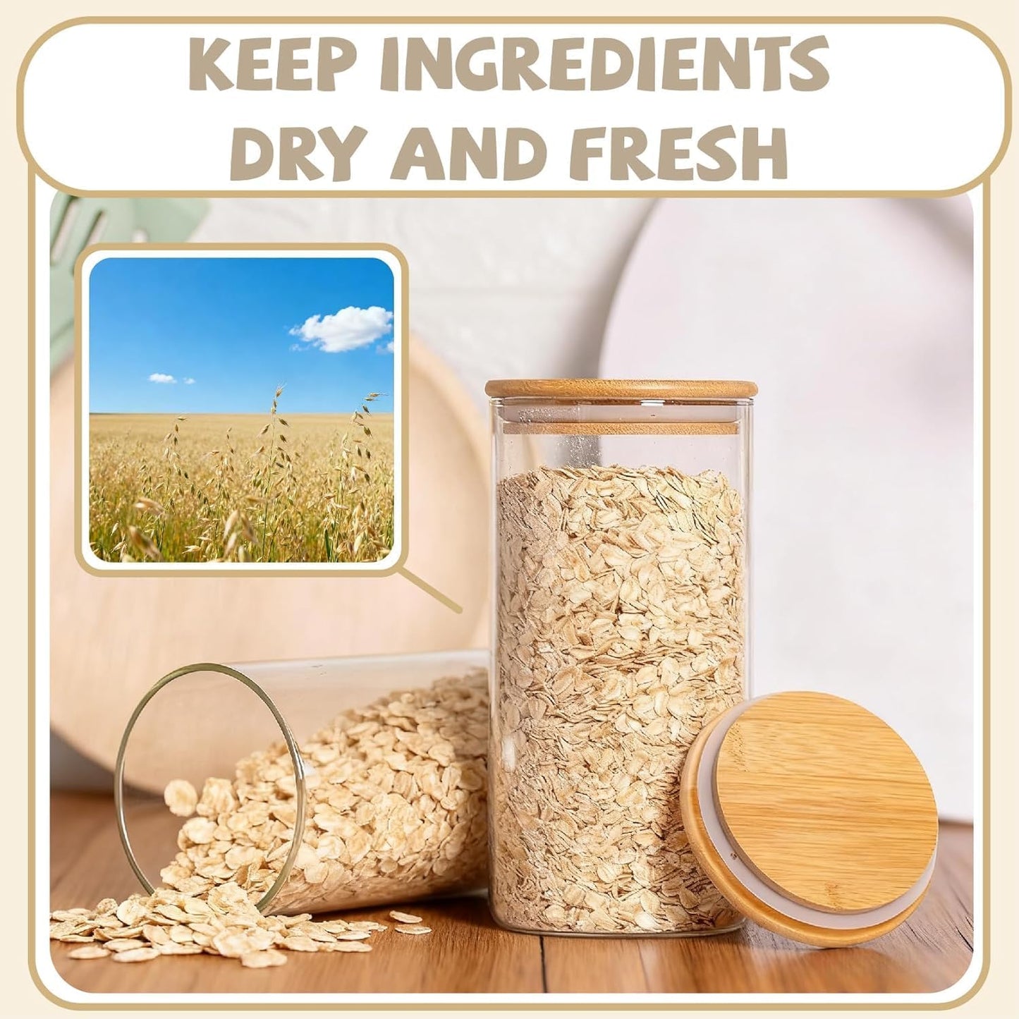 SKY-TOUCH 3 / 4 PACK Airtight Glass Jars with Bamboo Lids, Storage Jars with Labels, Airtight Food Containers, Clear Glass Bulk Food Canister for Food, Coffee, Spice, Sugar, Herb, Cookie, Tea