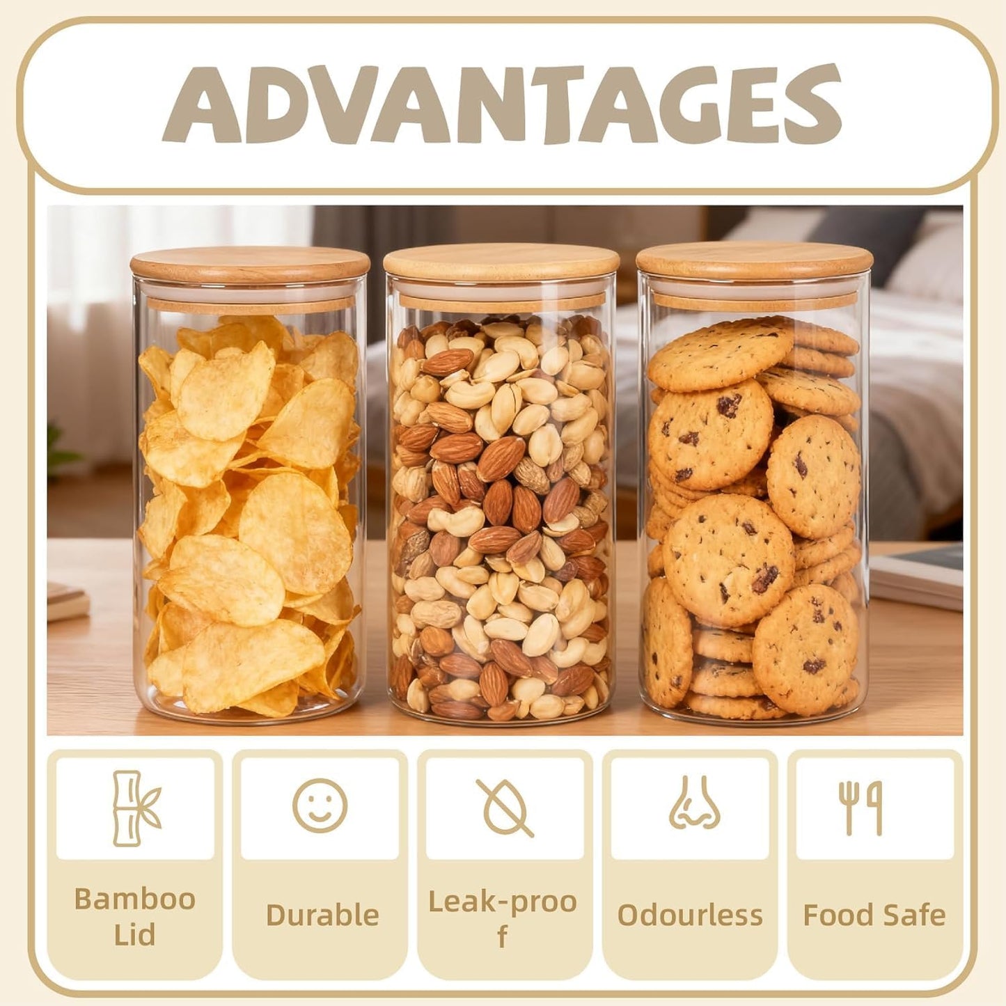 SKY-TOUCH Airtight Glass Jars with Bamboo Lids, Storage Jars with Labels, Airtight Food Containers, Clear Glass Bulk Food Canister for Food, Coffee, Spice, Sugar, Herb, Cookie, Tea