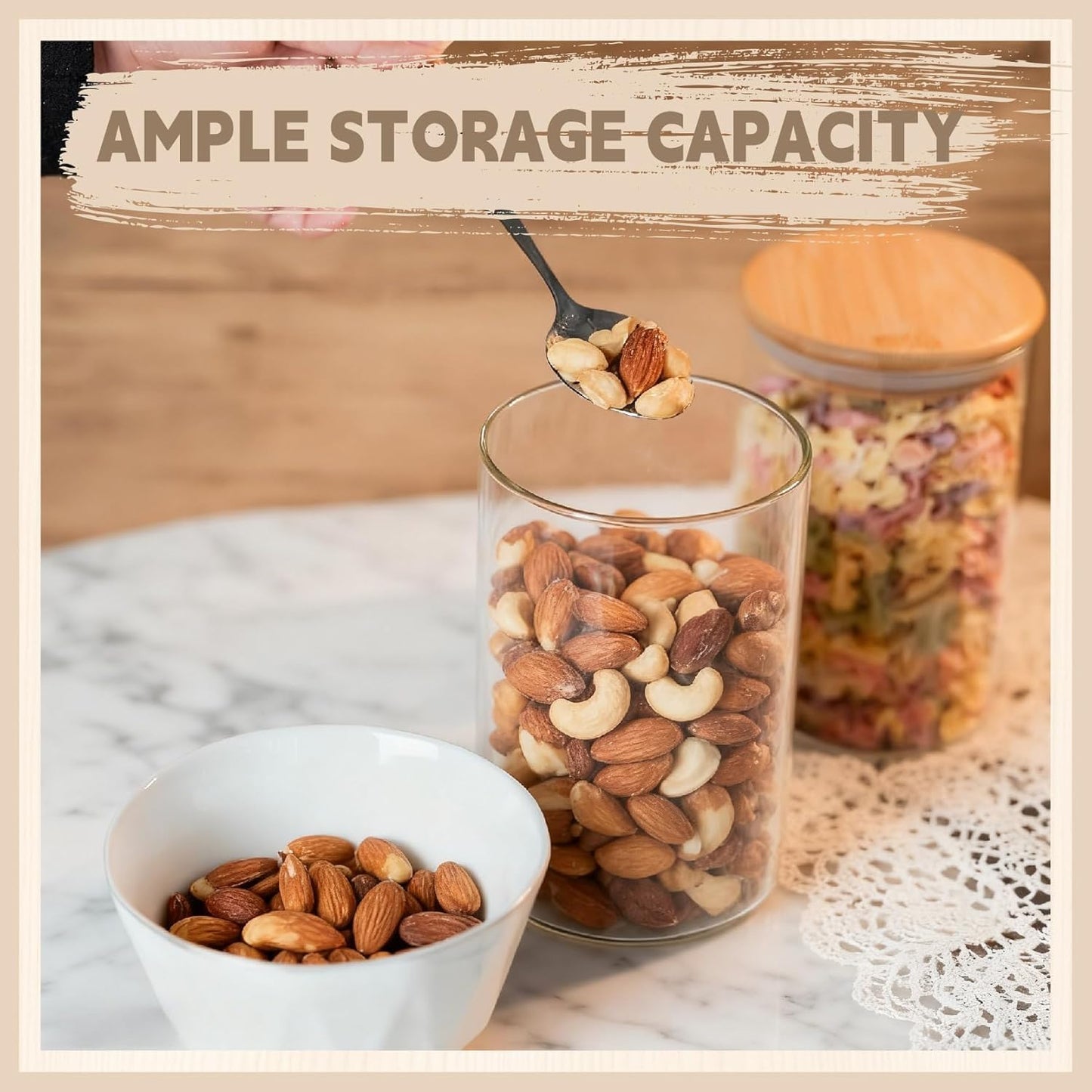 SKY-TOUCH 3 / 4 PACK Airtight Glass Jars with Bamboo Lids, Storage Jars with Labels, Airtight Food Containers, Clear Glass Bulk Food Canister for Food, Coffee, Spice, Sugar, Herb, Cookie, Tea