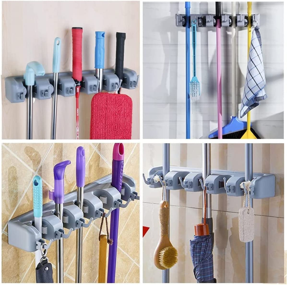 SKY-TOUCH Mop and Broom Holder, Wall Mounted Organizer Mop and Broom Saving Space Storage Rack For Kitchen Garden And Garage,Laundry Offices,5 Position With 6 Hooks