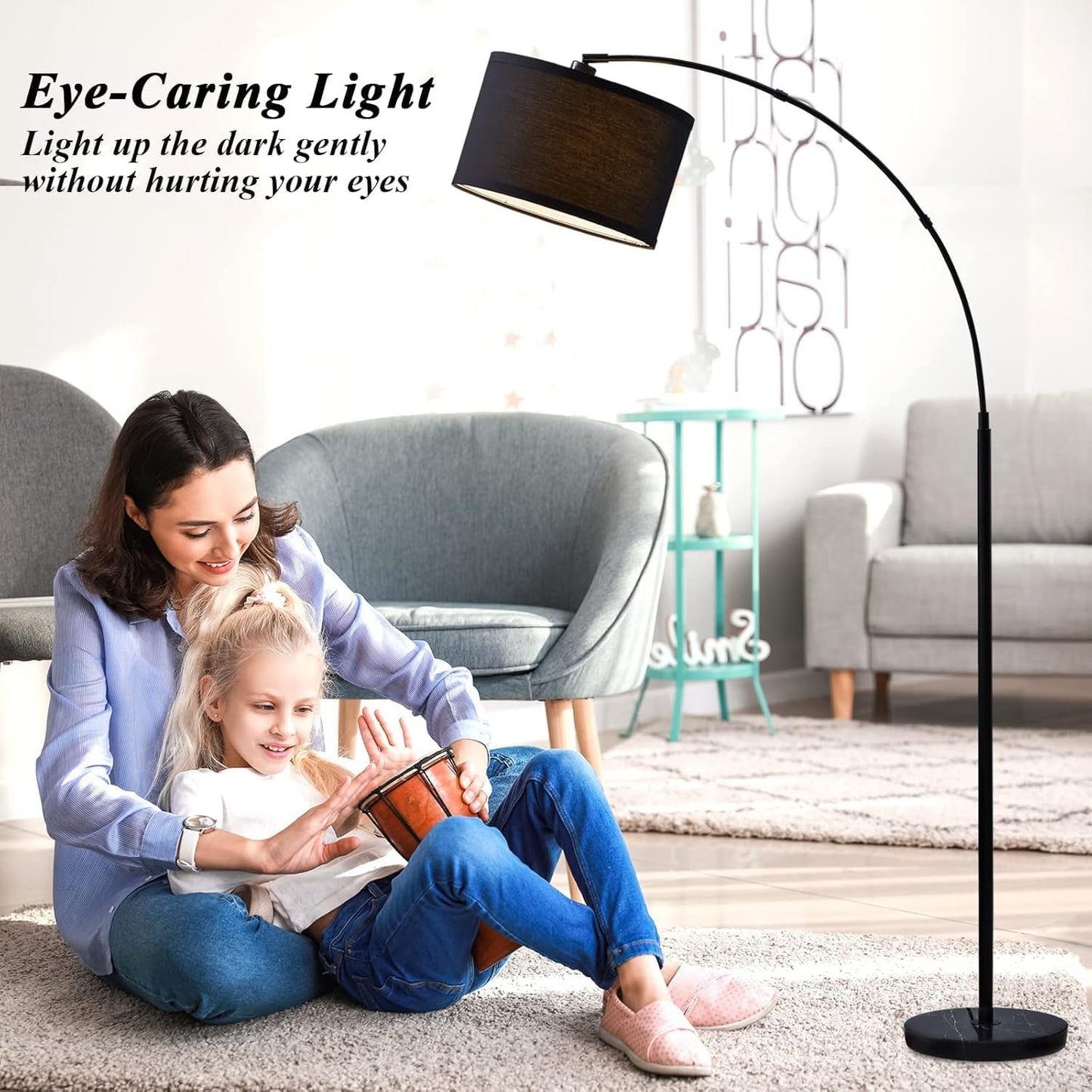 Arc Floor Lamp : Dimmable Black Standing Lamp with Adjustable Height Modern Marble Base Standing Hanging Light with Adjustable Hanging Shade for Reading Living Room Bedroom Office (Black)