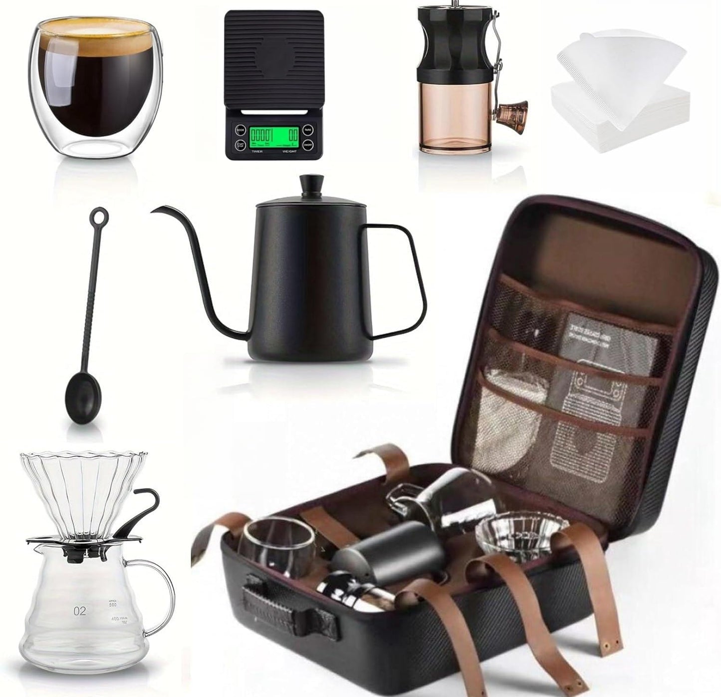 SKY-TOUCH V60 Drip Coffee Maker Set, 9 Pieces Pour Over Coffee Maker Set with coffee grinder, coffee scale, coffee kettle, coffee filter, Coffee Tool Set for Home,Travel,Camping Excellent Coffee Gift