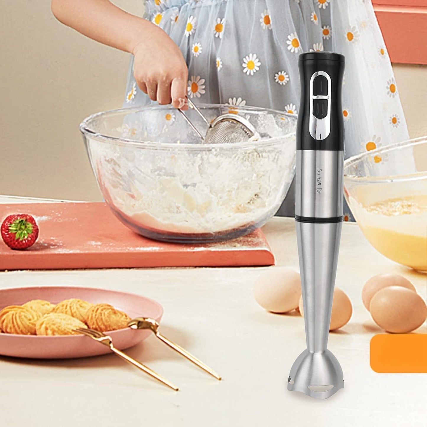 SKY-TOUCH Handheld Immersion Blender, 2-Speed Electric Stick Blender with Double Stainless Steel Blades, Chopper, Whisk, Beaker for Juices, Baby Food, Soups, and Sauces - Black, 36.5 * 6.5 * 6.5cm