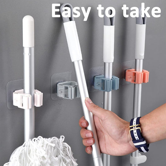 5 Pieces Adhesive Wall Mounted Mop and Broom Holder, Wall Mount Kitchen and Bathroom Organizer Self Adhesive Easy Install Multicolored Heavy Duty Holder