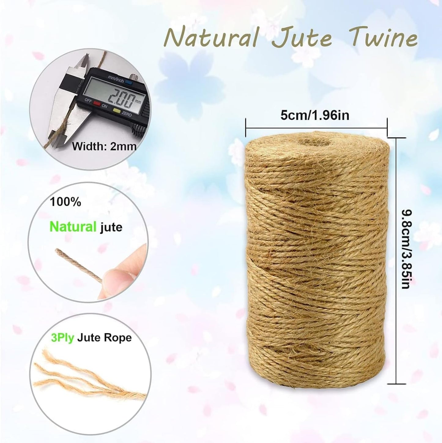 SKY-TOUCH Natural Jute Twine 100M, 3 Ply Garden String Brown Twine 2mm Thickness, Garden Twine for Decoration Garden Floristry DIY Arts Bundling Crafts & Wrapping, 1roll