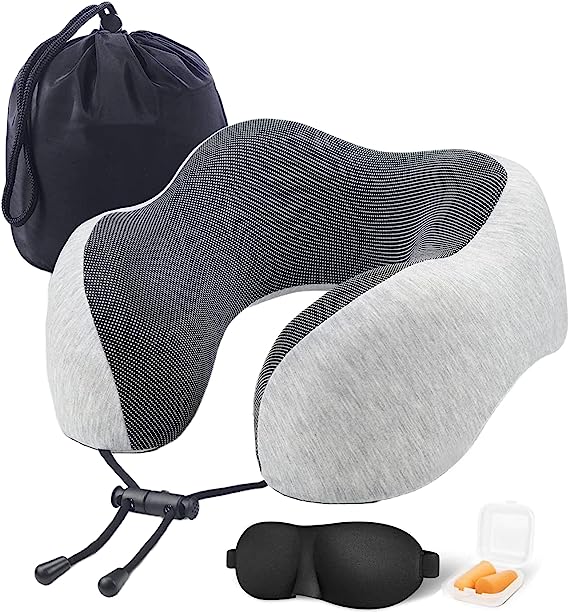 Travel Pillow Set, 100% Pure Memory Foam Neck Pillow, U Shape Head Pillow Airplane Travel Kit with 3D Contoured Eye Masks, Earplugs and Storage Bag (Grey)