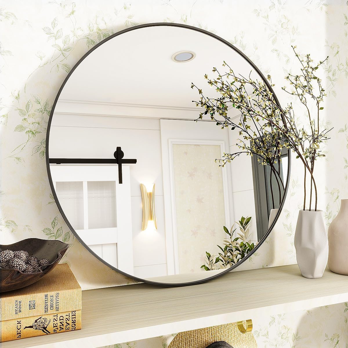 SKY-TOUCH 50cm Black Round Mirror : Glass Wall Mirror Circular with Metal Frame Matte Circle Mirror for Bathroom Vanity Bedroom Hallway Living Room Home Wall Decor (Black 50 * 50cm)