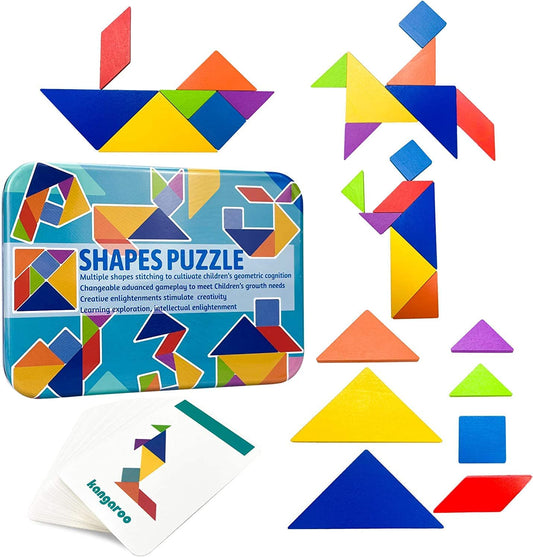 SKY-TOUCH Early Development Tangram Pattern Puzzles Set£¬Wooden Puzzle Blocks Colorful Tangram Sorting£¬Stacking Games Montessori Educational Toys£¬60 Design Cards with 120 Pattern Jigsaw Puzzle