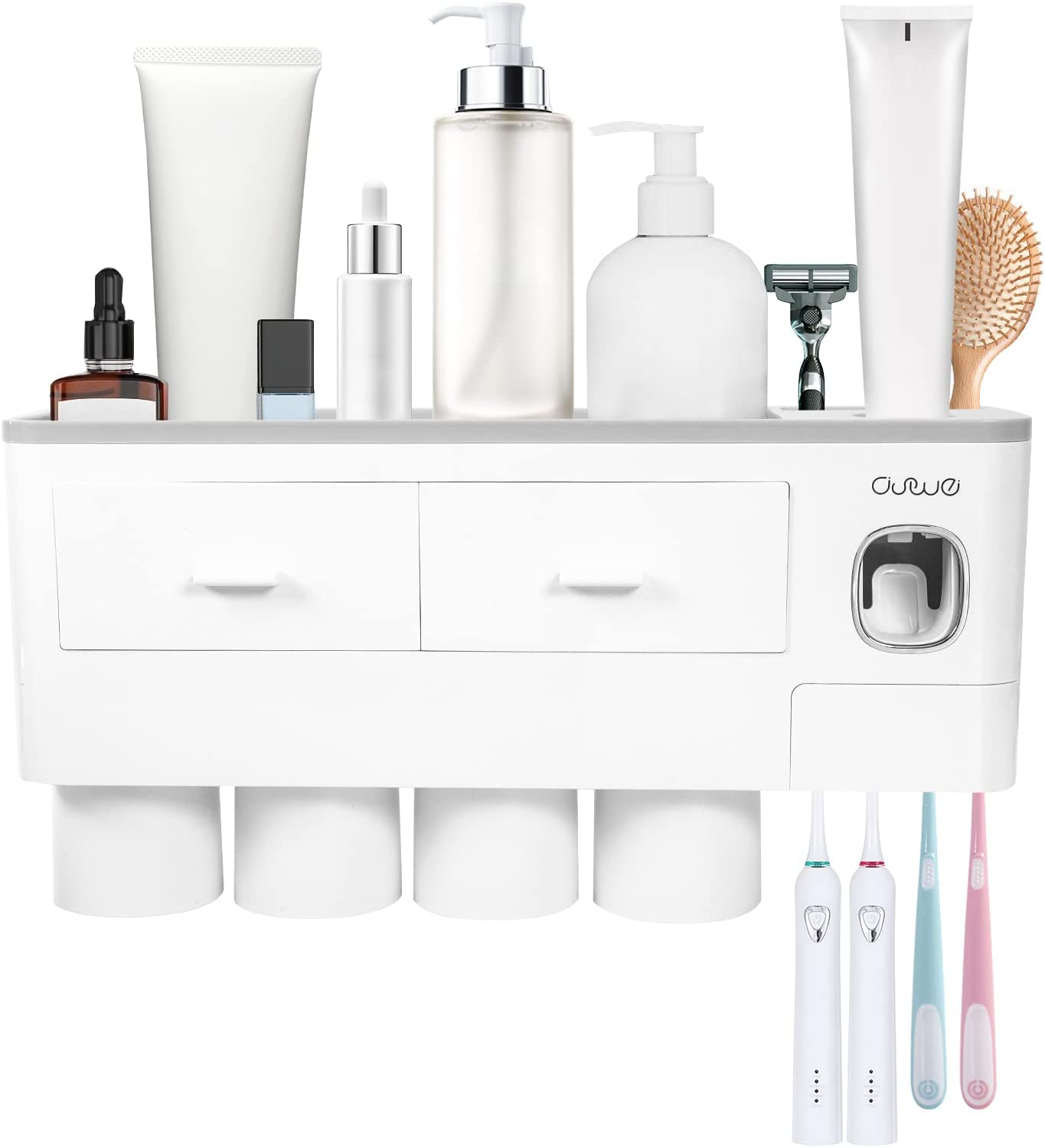 SKY-TOUCH Cups Wall Mounted Toothbrush Holder, Multifunctional Space-Saving Toothbrush and Toothpaste Holder with Drawer for Cosmetics Organizer for Washroom and Bathroom