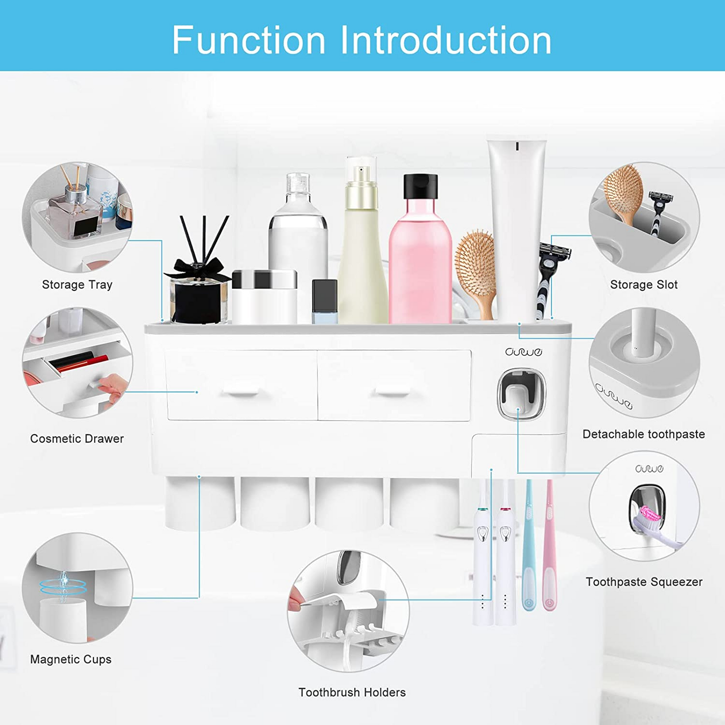 SKY-TOUCH Cups Wall Mounted Toothbrush Holder, Multifunctional Space-Saving Toothbrush and Toothpaste Holder with Drawer for Cosmetics Organizer for Washroom and Bathroom