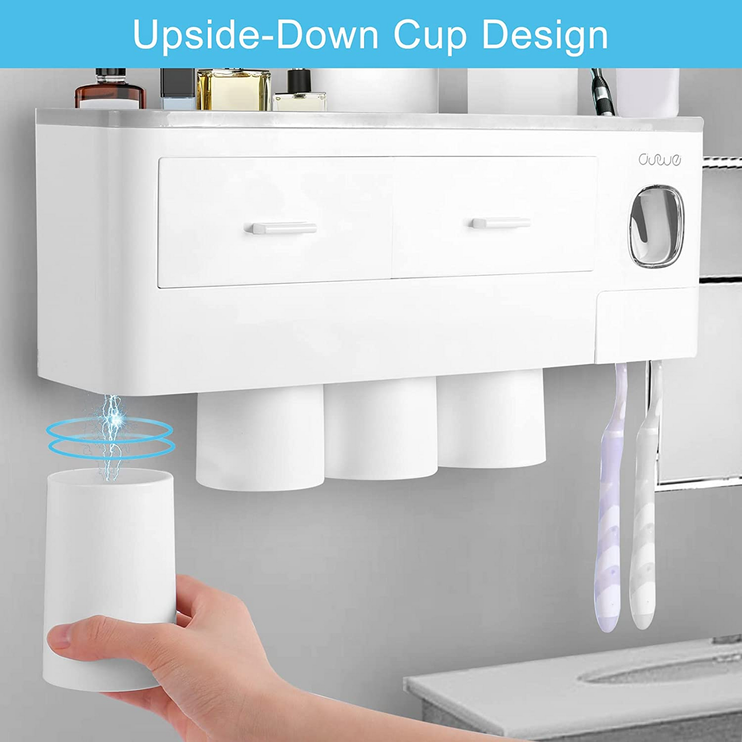 SKY-TOUCH Cups Wall Mounted Toothbrush Holder, Multifunctional Space-Saving Toothbrush and Toothpaste Holder with Drawer for Cosmetics Organizer for Washroom and Bathroom