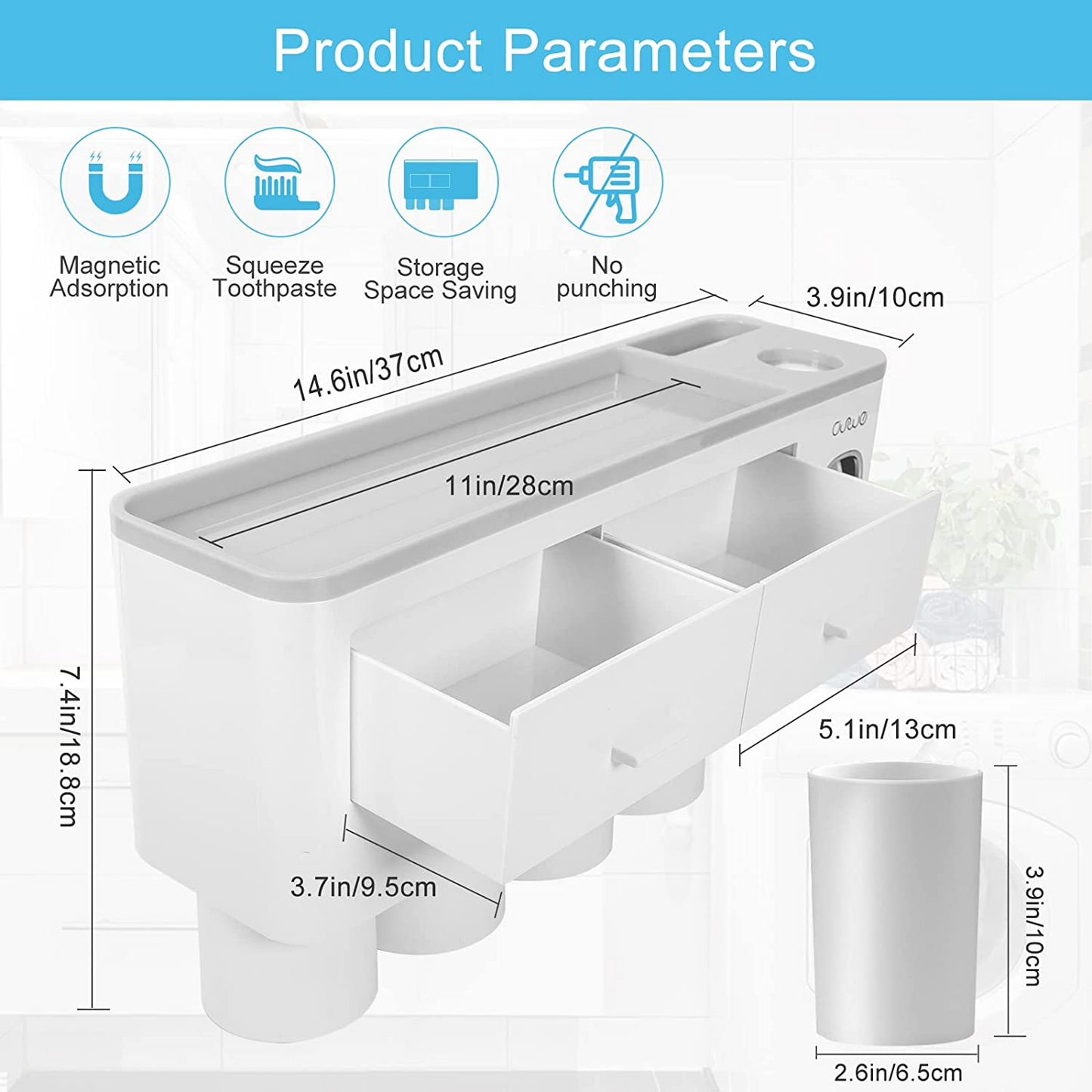 SKY-TOUCH Cups Wall Mounted Toothbrush Holder, Multifunctional Space-Saving Toothbrush and Toothpaste Holder with Drawer for Cosmetics Organizer for Washroom and Bathroom