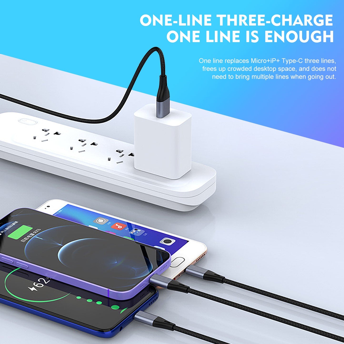 SKY-TOUCH 3 in 1 USB Phone Charger Cables 5A Fast Braided Nylon Unbreakable Charging Cable, Universal Multiple Ports Charging Cord with USB C/Micro USB/IOS Connector for Phones