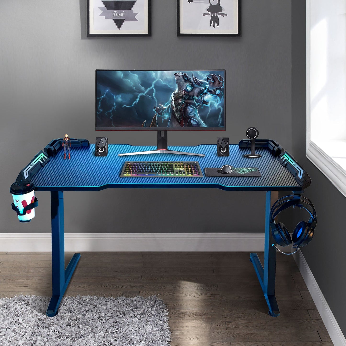 SKY-TOUCH Gaming Desk,Ergonomic Computer and Gaming Table Z Shaped for Pc, Workstation, Home, Office with LED Lights Carbon Fiber Surface,Cup Holder and Headphone Hook,Blue120¡Á60¡Á75cm