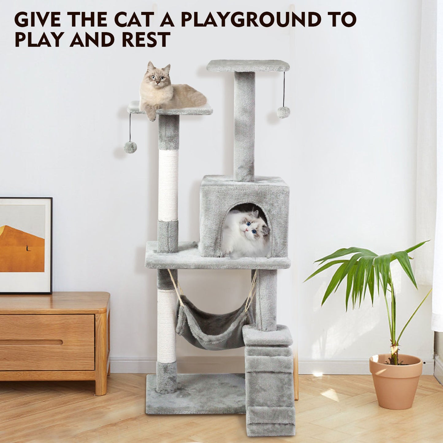 SKY-TOUCH Cat Tree Tower£¬Cat Condo with 4 Sisal Scratching Post,Activity Centre Cat Climbing Tree with Cat House£¬Hammock, Sisal Posts, Ladder, and Rest Place for Indoor Cat£¨120¡Á54¡Á30cm£©Grey