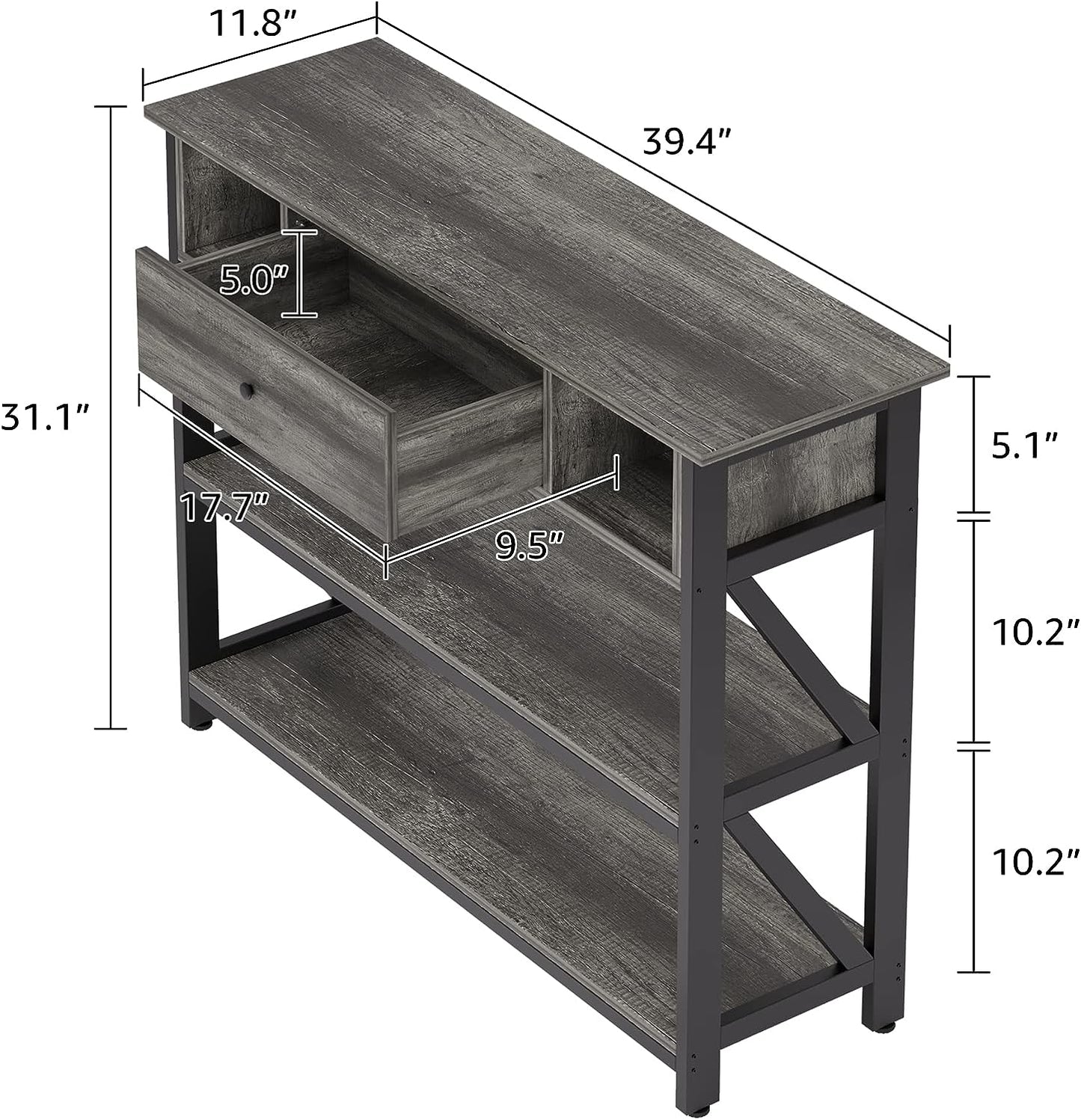 SKY-TOUCH Console Table with drawer, Industrial Wooden 3-layer Shelf for Living Room, Couch, Foyer, Kitchen Counter, 39 Inch Grey Oak 100¡Á30¡Á79cm