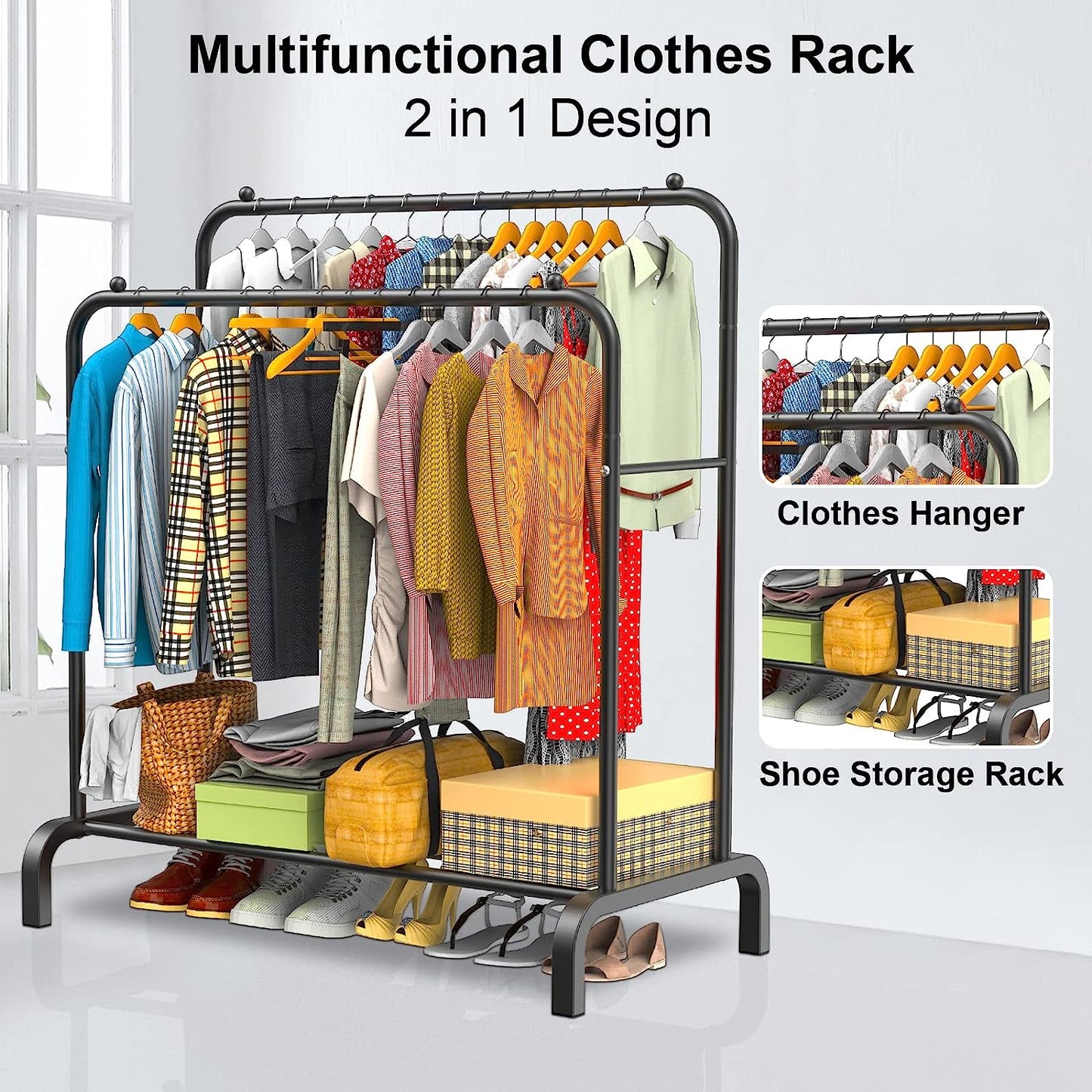 SKY-TOUCH Multipurpose Clothing Garment Rack with Bottom Shelves,Metal Clothes Stand Rack with Rod and Lower Storage Shelf, Heavy Duty Coat Rack and Shoe Bench Storage Stand for Indoor Bedroom