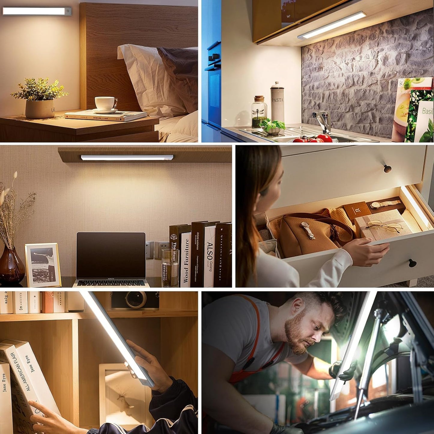 40cm Under Cabinet Lights : Wireless Rechargeable Battery Operated Motion Sensor Light with 3 Color Temps Magnetic Dimmable Closet Lights for Kitchen Bedroom Wardrobe Stairs Cabinet (Silver)